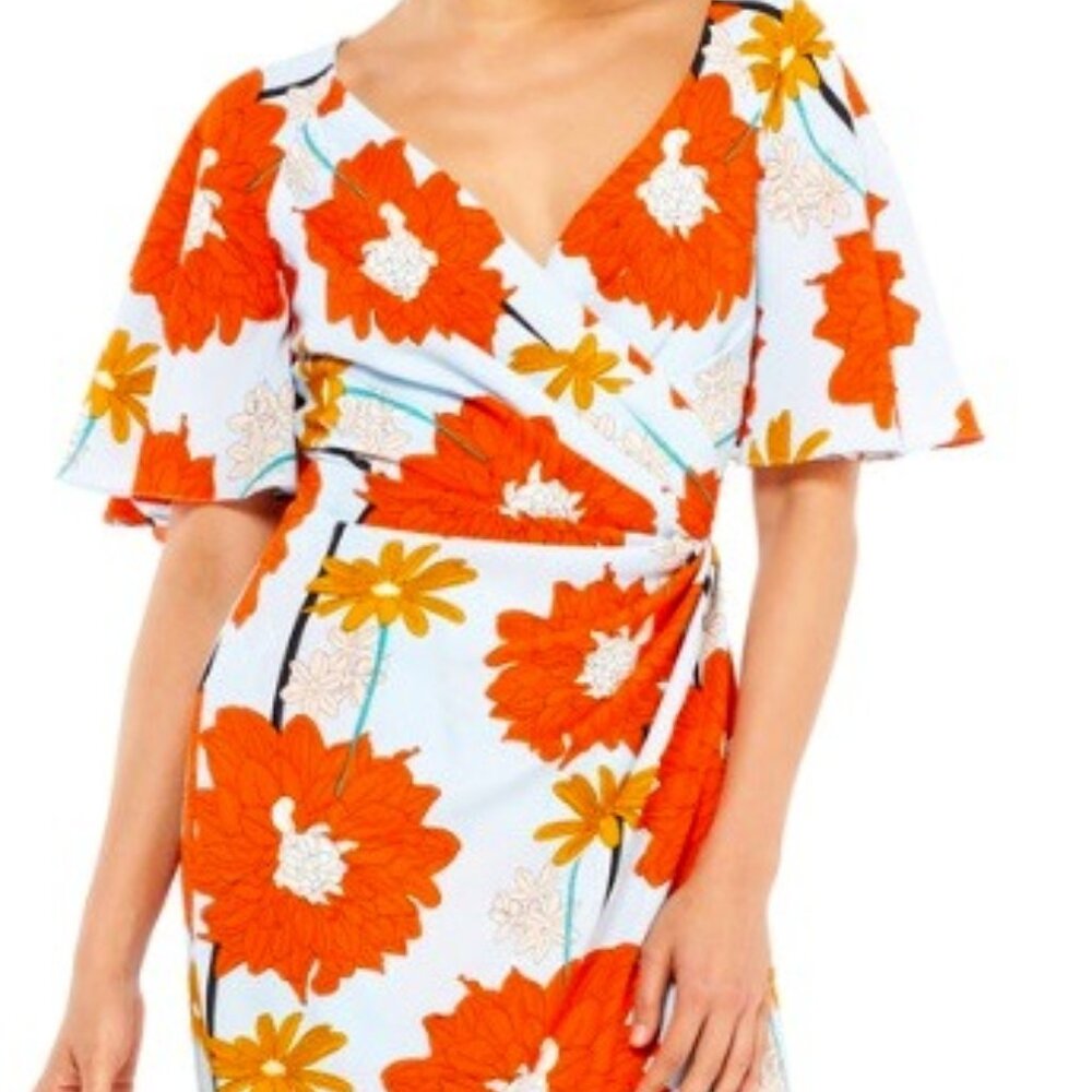 Maggy London Allie wrap midi floral crepe dress sz 14